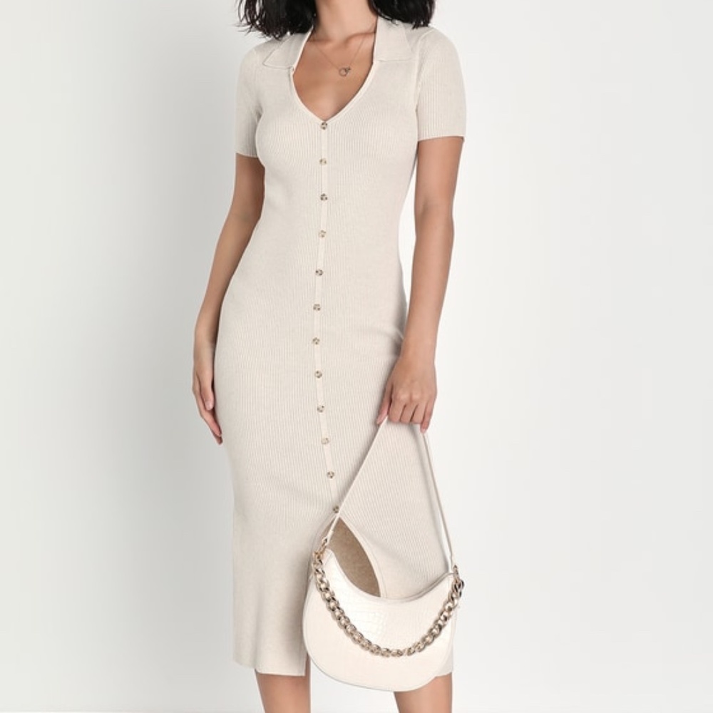 Lulus Excellent Energy Beige Ribbed Knit Collared Midi Dress - Size S